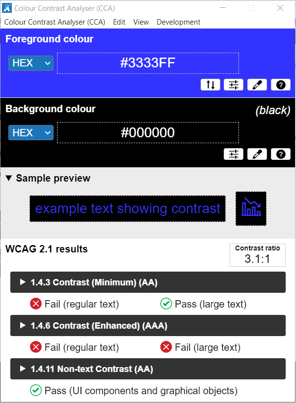 Screenshot of Colour Contrast Analyser app showing contrast ratio 3.1:1