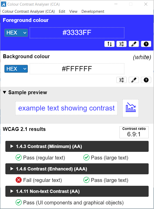 Screenshot of Colour Contrast Analyser app showing contrast ratio 6.9:1