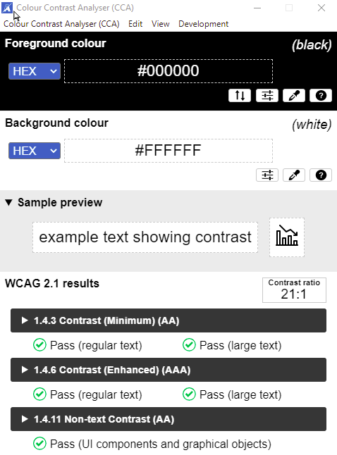 Screenshot of Colour Contrast Analyser app showing contrast ratio 21:1