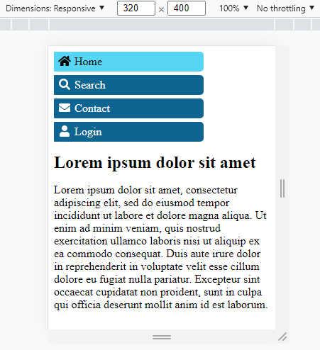 In mobile view, the four main menu items are stacked atop one another vertically.