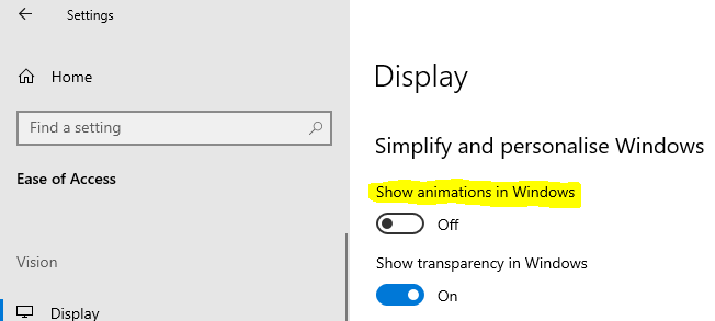 Screenshot of Windows 10 Ease of Access settings, with the option turned off for Show animations in Windows