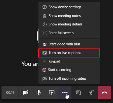 Screenshot of MS Teams meeting’s call controls to show the option to turn on live captions