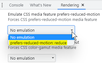 Screenshot of the Chrome Rendering setting for reduced motion