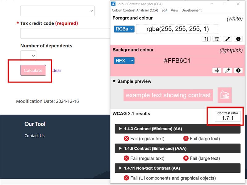 An example of a contrast checker tool interface. Long description provided below.