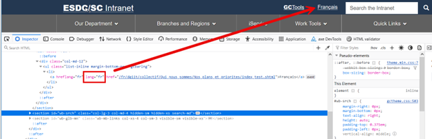 An example of the inspect element displaying the HTML lang attribute. Long description provided below.