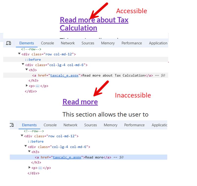 Examples of accessible and inaccessible links. Long description provided below.