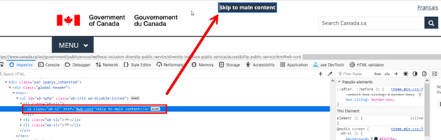 Example of a 'Skip to main content' link. Long description provided below.