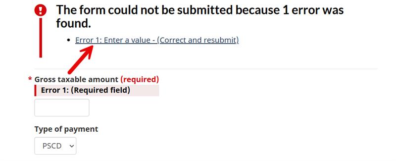 Example of error message displayed on a form. Long description provided below.